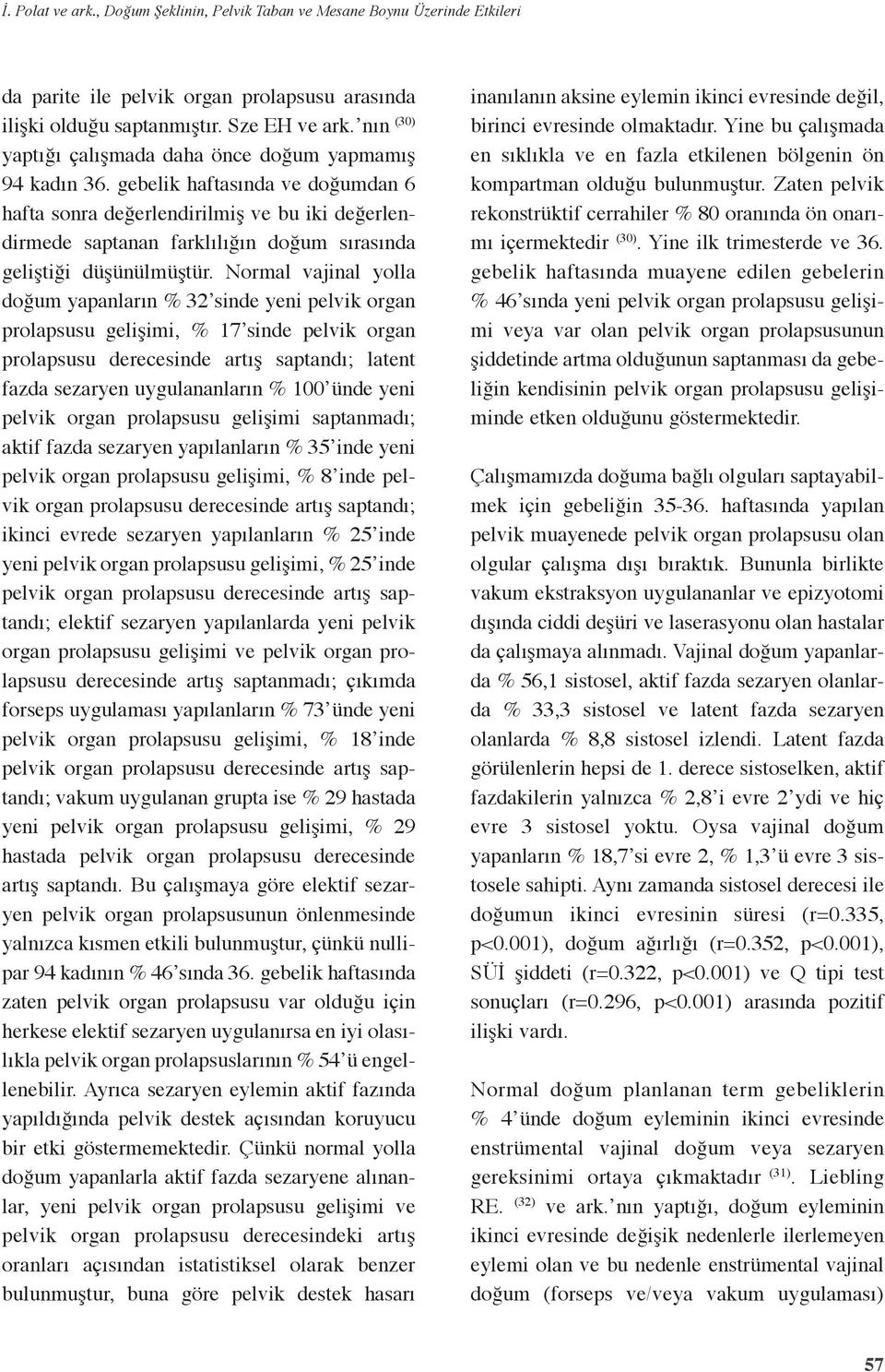 Normal vajial yolla doğum yapaları 32 side yei pelvik orga prolapsusu gelişimi, 17 side pelvik orga prolapsusu dereceside artış saptadı; latet fazda sezarye uygulaaları 1 üde yei pelvik orga