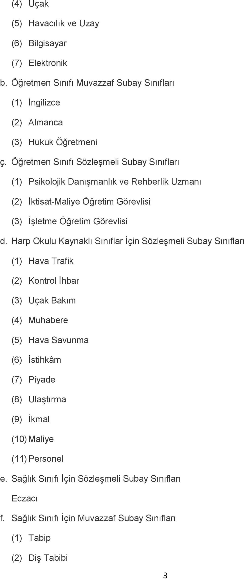 Harp Okulu Kaynaklı Sınıflar İçin Sözleşmeli Subay Sınıfları (1) Hava Trafik (2) Kontrol İhbar (3) Uçak Bakım (4) Muhabere (5) Hava Savunma (6) İstihkâm (7) Piyade