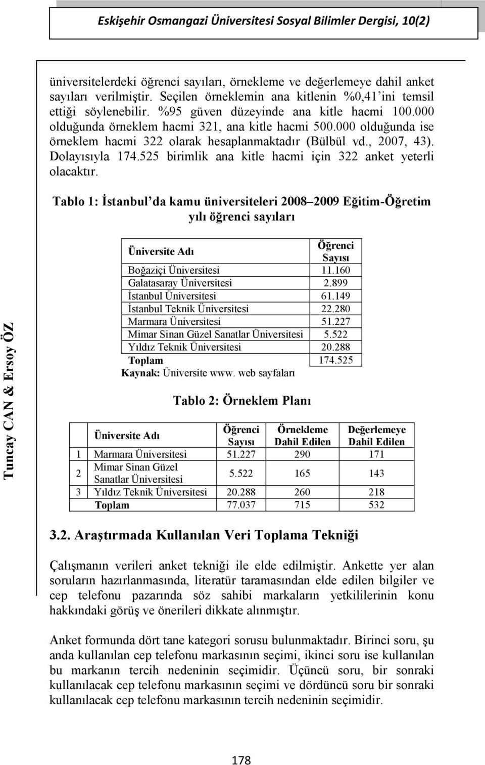 000 olduğunda ise örneklem hacmi 3 olarak hesaplanmaktadır (Bülbül vd., 007, 43). olayısıyla 74.55 birimlik ana kitle hacmi için 3 anket yeterli olacaktır.