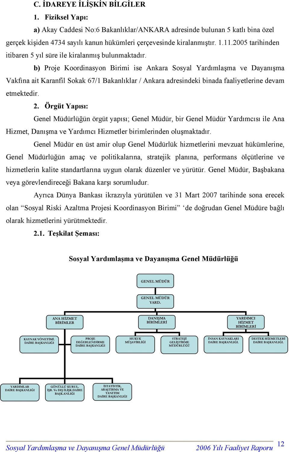 b) Proje Koordinasyon Birimi ise Ankara Sosyal Yardımlaşma ve Dayanışma Vakfına ait Karanfil Sokak 67/1 Bakanlıklar / Ankara adresindeki binada faaliyetlerine devam etmektedir. 2.