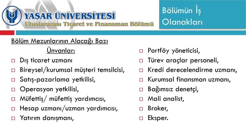 Hesap uzmanı/uzman yardımcısı, Yatırım danışmanı, Portföy yöneticisi, Türev araçlar