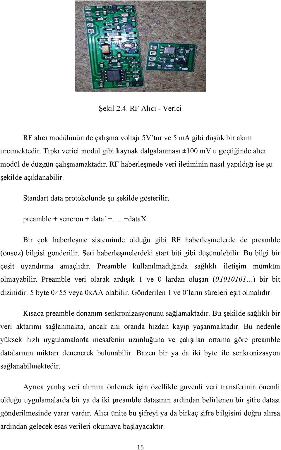 Standart data protokolünde şu şekilde gösterilir. preamblee + sencronn + data1+..+datax Bir çok haberleşme sisteminde olduğu gibi RF haberleşmeh elerde de preamble (önsöz) bilgisi gönderilir.