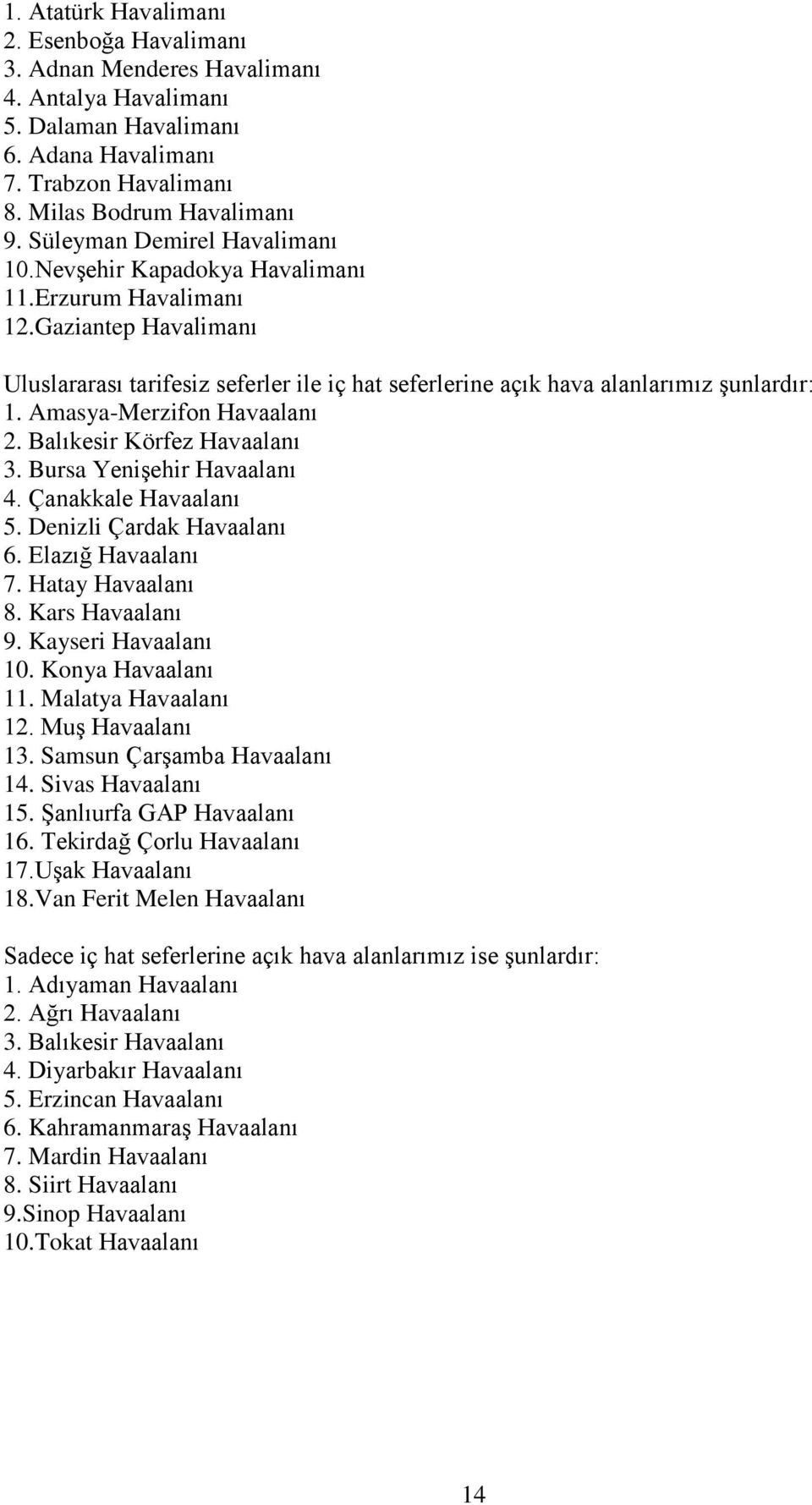 Amasya-Merzifon Havaalanı 2. Balıkesir Körfez Havaalanı 3. Bursa Yenişehir Havaalanı 4. Çanakkale Havaalanı 5. Denizli Çardak Havaalanı 6. Elazığ Havaalanı 7. Hatay Havaalanı 8. Kars Havaalanı 9.