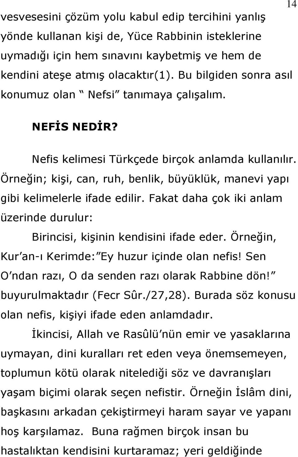 Örneğin; kiģi, can, ruh, benlik, büyüklük, manevi yapı gibi kelimelerle ifade edilir. Fakat daha çok iki anlam üzerinde durulur: Birincisi, kiģinin kendisini ifade eder.