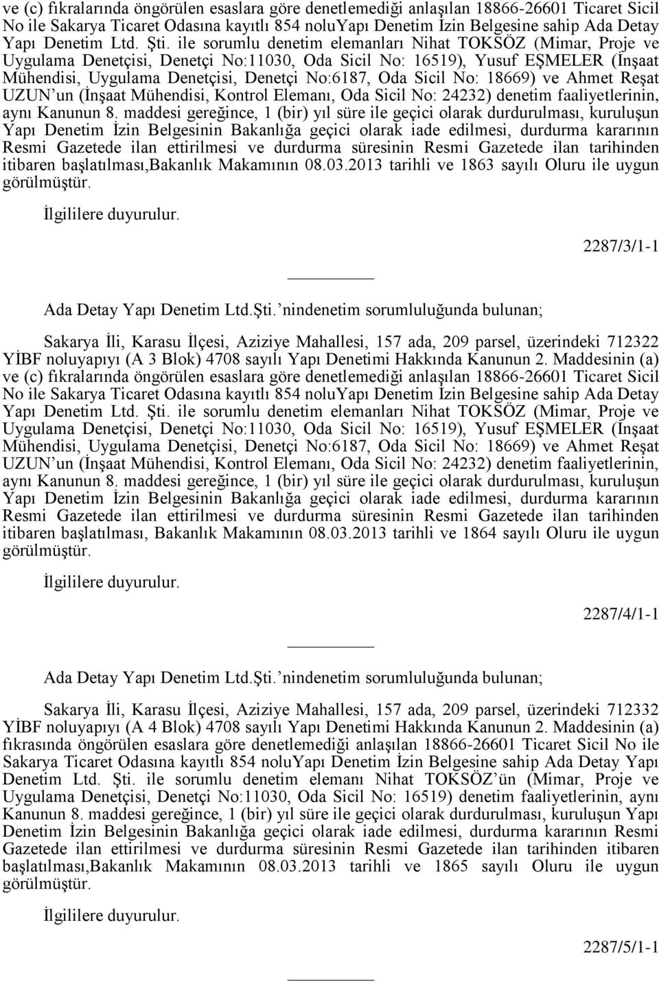 ile sorumlu denetim elemanları Nihat TOKSÖZ (Mimar, Proje ve Uygulama Denetçisi, Denetçi No:11030, Oda Sicil No: 16519), Yusuf EŞMELER (İnşaat Mühendisi, Uygulama Denetçisi, Denetçi No:6187, Oda