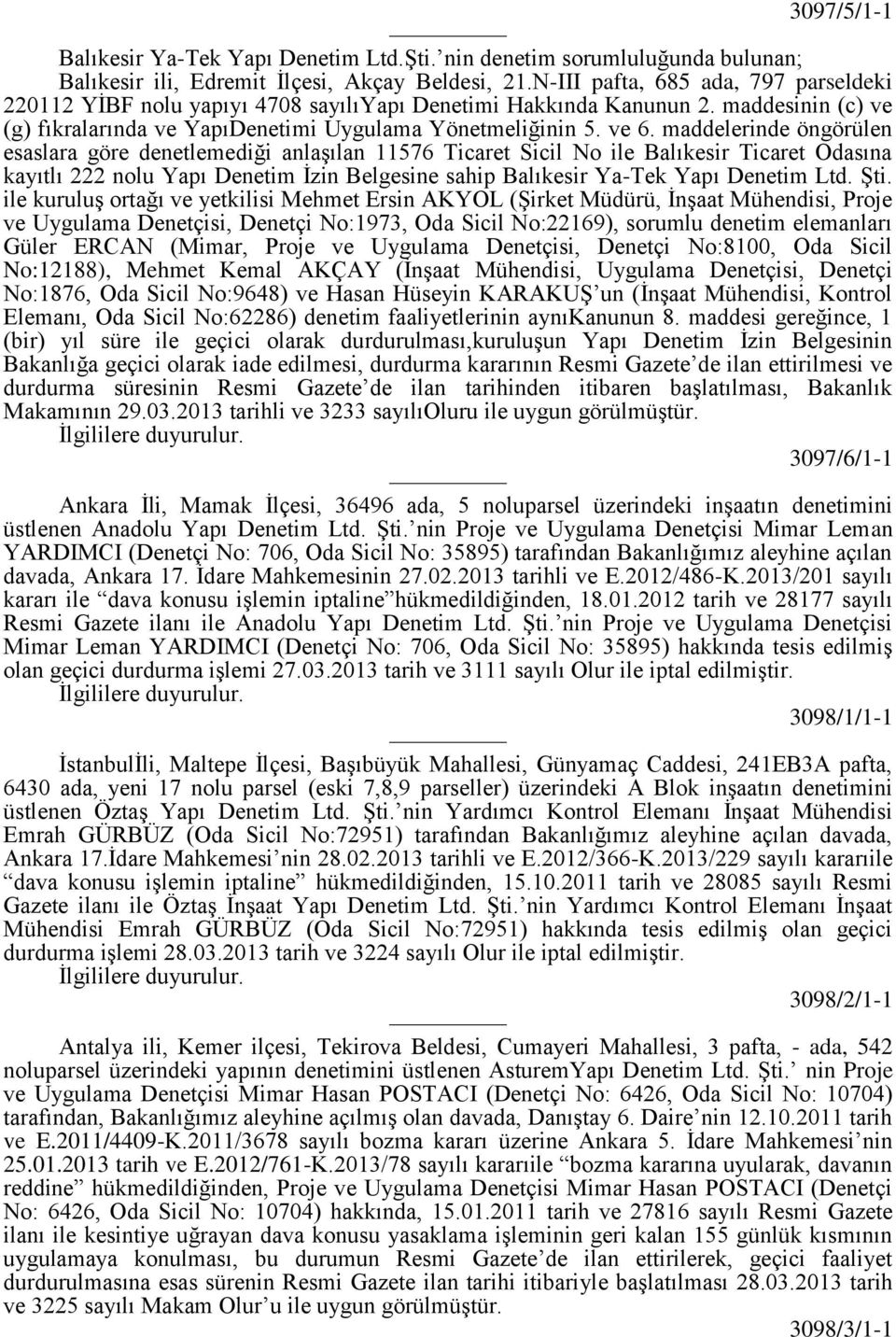 maddelerinde öngörülen esaslara göre denetlemediği anlaşılan 11576 Ticaret Sicil No ile Balıkesir Ticaret Odasına kayıtlı 222 nolu Yapı Denetim İzin Belgesine sahip Balıkesir Ya-Tek Yapı Denetim Ltd.