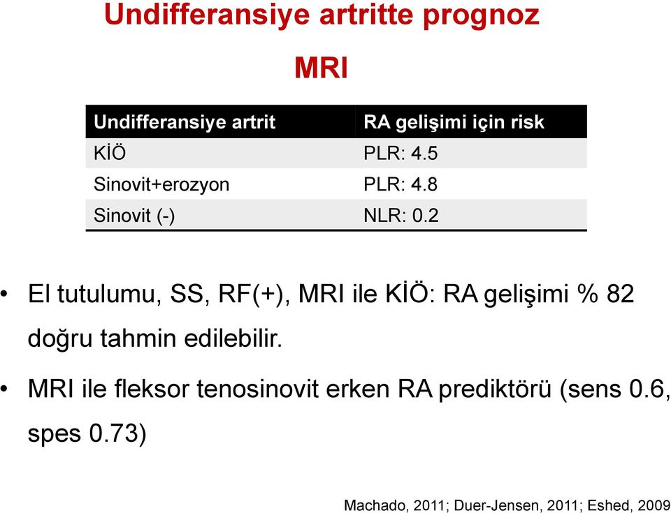 2 El tutulumu, SS, RF(+), MRI ile KİÖ: RA gelişimi % 82 doğru tahmin edilebilir.