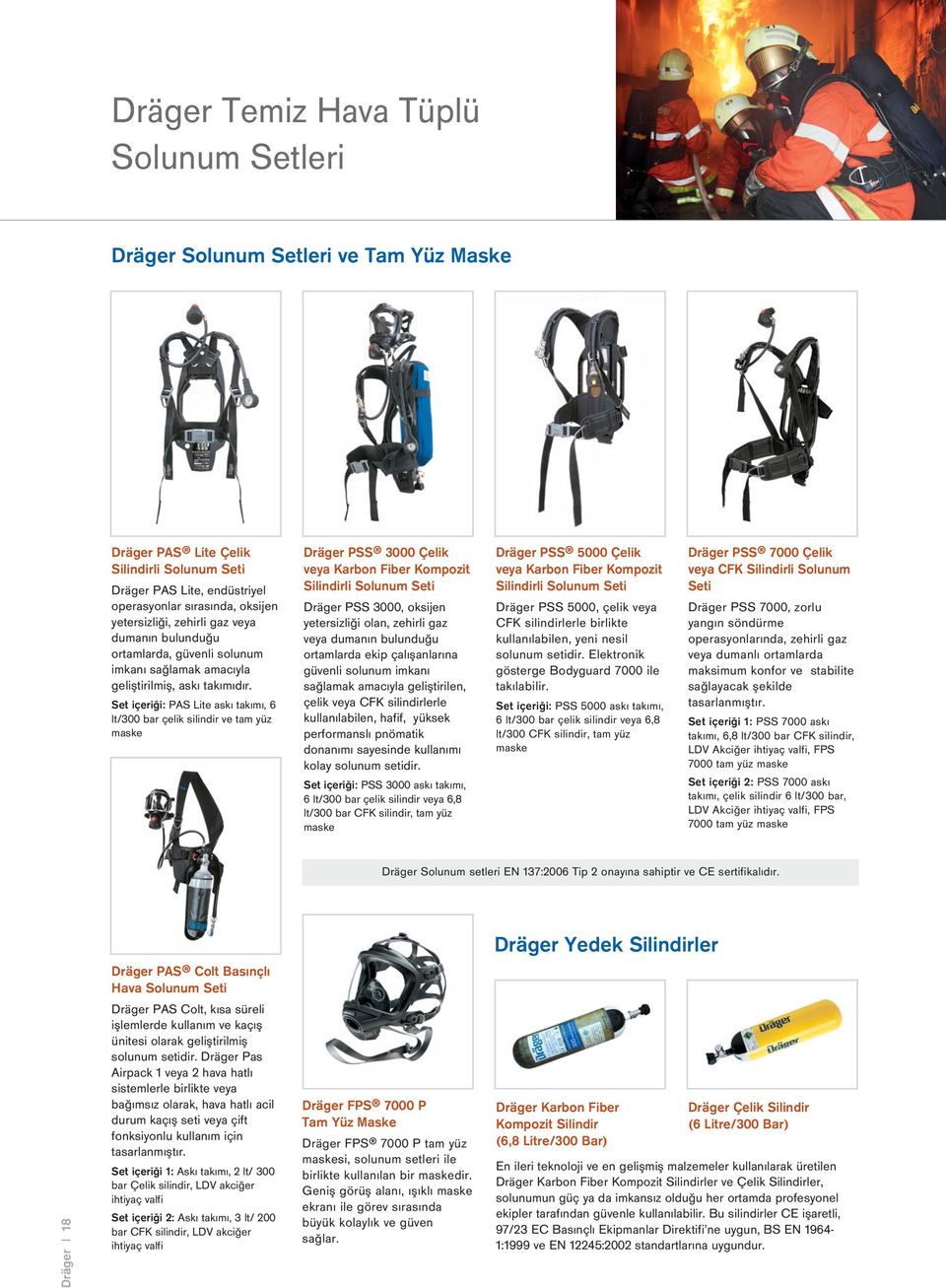 Set içeriği: PAS Lite askı takımı, 6 lt/300 bar çelik silindir ve tam yüz maske Dräger PSS 3000 Çelik veya Karbon Fiber Kompozit Silindirli Solunum Seti Dräger PSS 3000, oksijen yetersizliği olan,