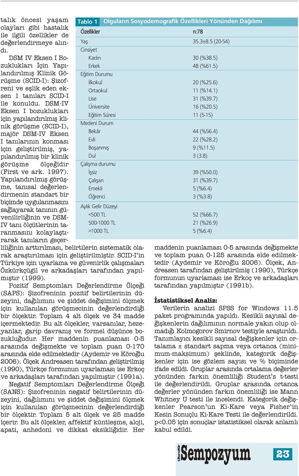 DSM-IV Eksen I bozuklukları için yapılandırılmış klinik görüşme (SCID-I), majör DSM-IV Eksen I tanılarının konması için geliştirilmiş, yapılandırılmış bir klinik Tablo 1 görüşme ölçeğidir (First ve