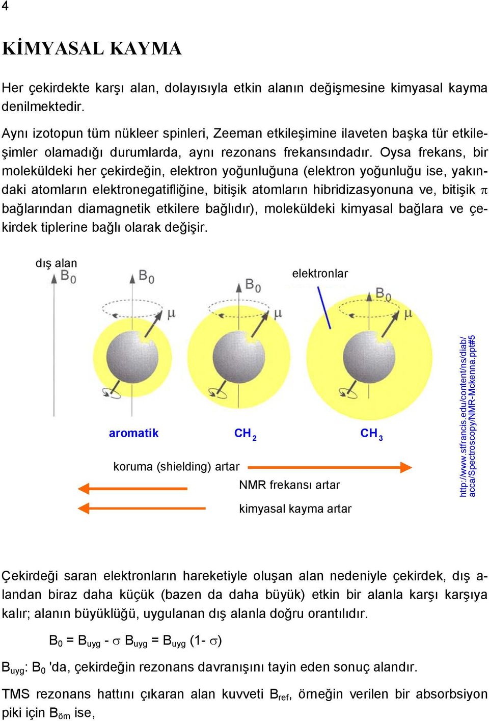 Oysa frekans, bir moleküldeki her çekirdeğin, elektron yoğunluğuna (elektron yoğunluğu ise, yakındaki atomların elektronegatifliğine, bitişik atomların hibridizasyonuna ve, bitişik bağlarından