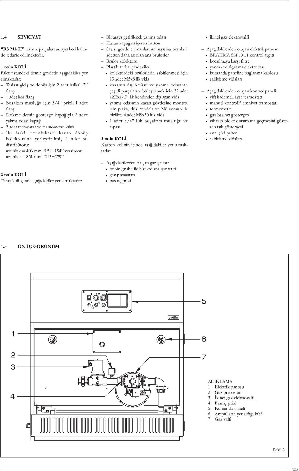 gösterge kapağıyla 2 adet yakma odası kapağı 2 adet termostat ve termometre kılıfı İki farklı uzunluktaki kazan dönüş kolektörüne yerleştirilmiş 1 adet su distribütörü: uzunluk = 406 mm 151 194