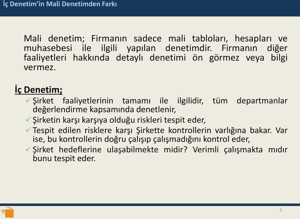 İç Denetim; Şirket faaliyetlerinin tamamı ile ilgilidir, değerlendirme kapsamında denetlenir, tüm departmanlar Şirketin karşı karşıya olduğu riskleri