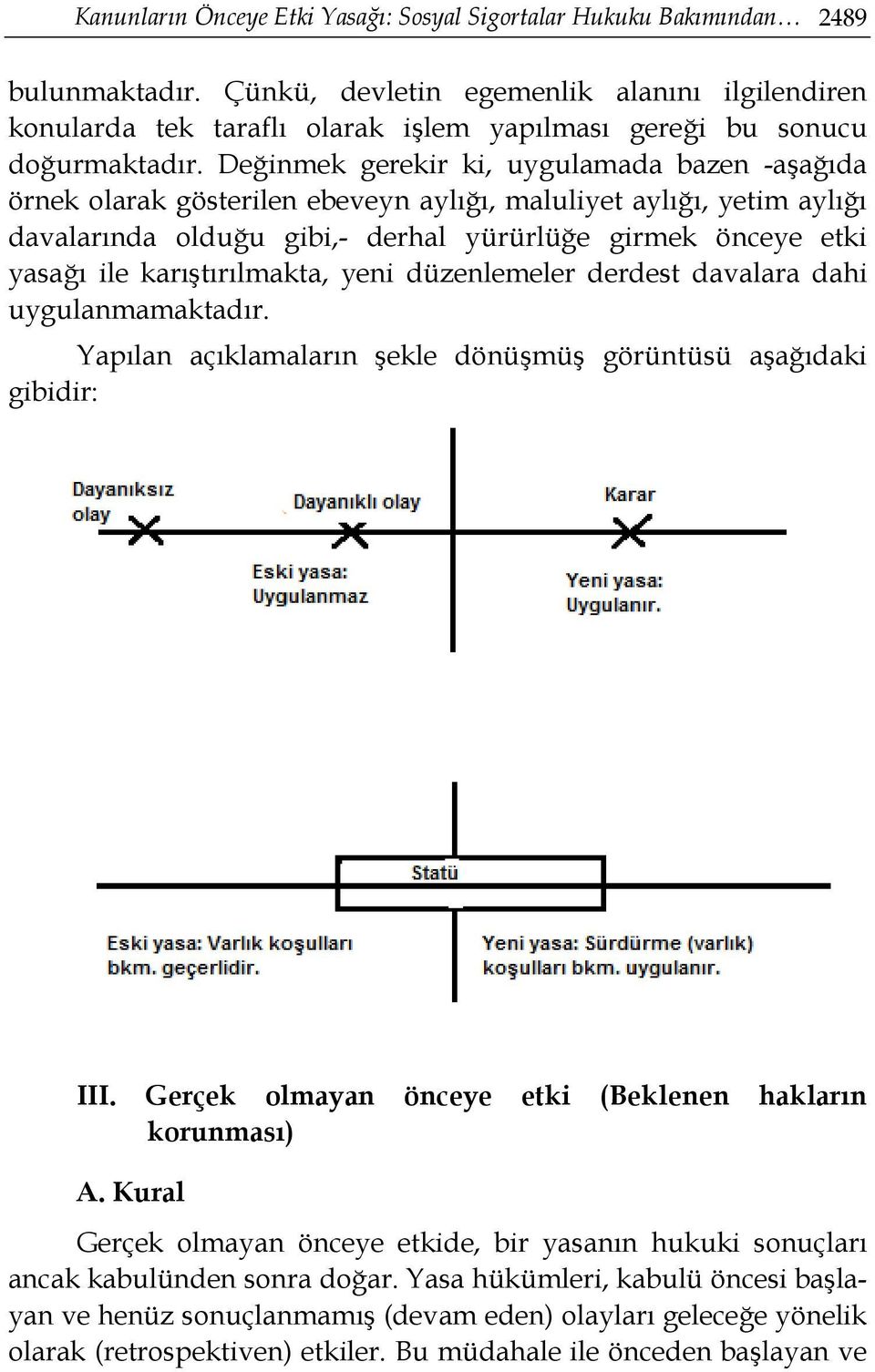 Değinmek gerekir ki, uygulamada bazen -aşağıda örnek olarak gösterilen ebeveyn aylığı, maluliyet aylığı, yetim aylığı davalarında olduğu gibi,- derhal yürürlüğe girmek önceye etki yasağı ile