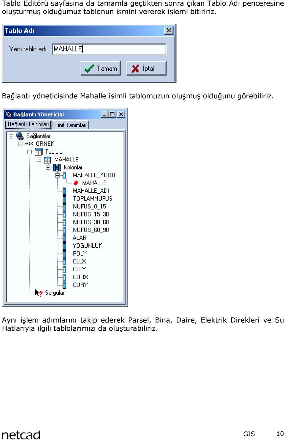 Bağlantõ yöneticisinde Mahalle isimli tablomuzun oluşmuş olduğunu görebiliriz.