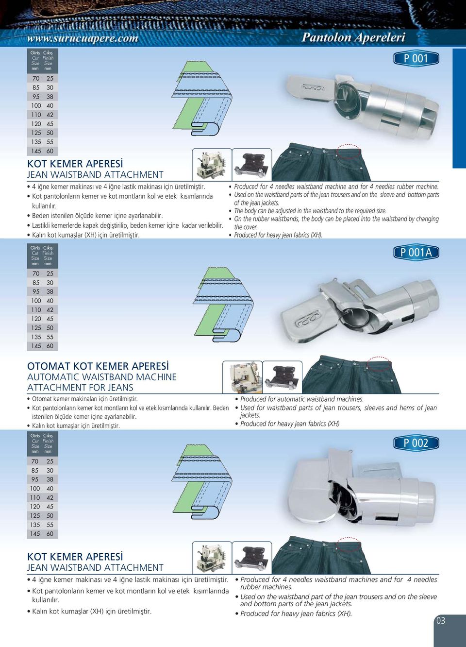 Lastikli kemerlerde kapak değiştirilip, beden kemer içine kadar verilebilir. Kalın kot kumaşlar (XH) için üretilmiştir.