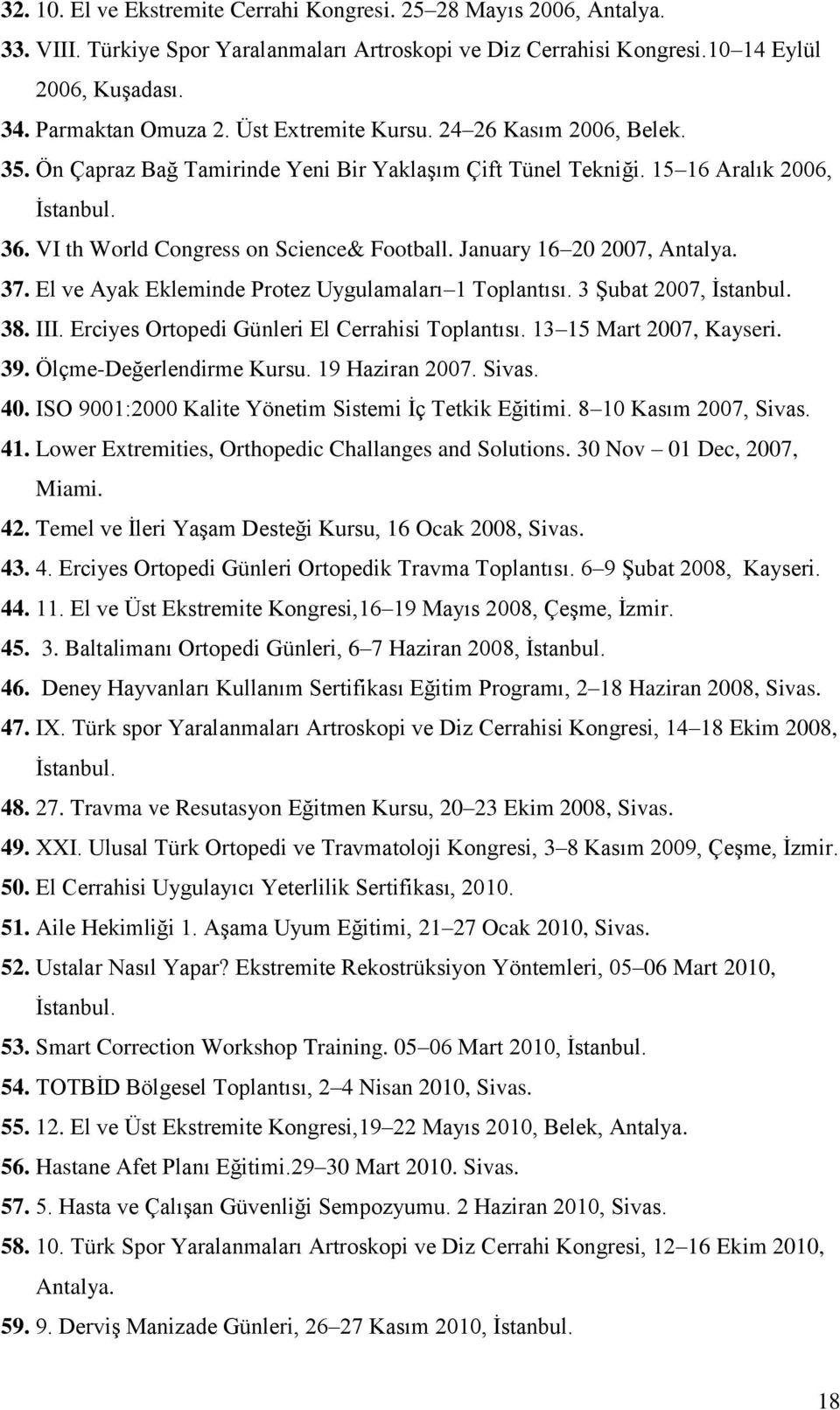 January 16 20 2007, Antalya. 37. El ve Ayak Ekleminde Protez Uygulamaları 1 Toplantısı. 3 Şubat 2007, İstanbul. 38. III. Erciyes Ortopedi Günleri El Cerrahisi Toplantısı. 13 15 Mart 2007, Kayseri. 39.