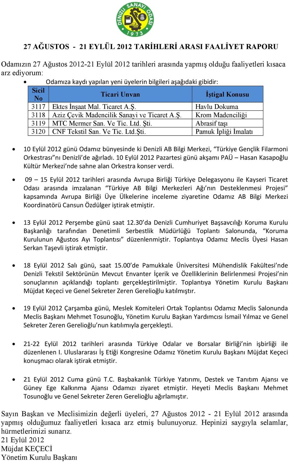 Ve Tic. Ltd. Şti. Abrasif taşı 3120 CNF Tekstil San. Ve Tic. Ltd.Şti. Pamuk İpliği İmalatı 10 Eylül 2012 günü Odamız bünyesinde ki Denizli AB Bilgi Merkezi, Türkiye Gençlik Filarmoni Orkestrası nı Denizli de ağırladı.