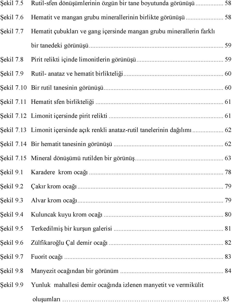 .. 61 Şekil 7.12 Limonit içersinde pirit relikti... 61 Şekil 7.13 Limonit içersinde açık renkli anataz-rutil tanelerinin dağılımı... 62 Şekil 7.14 Bir hematit tanesinin görünüşü... 62 Şekil 7.15 Mineral dönüşümü rutilden bir görünüş.