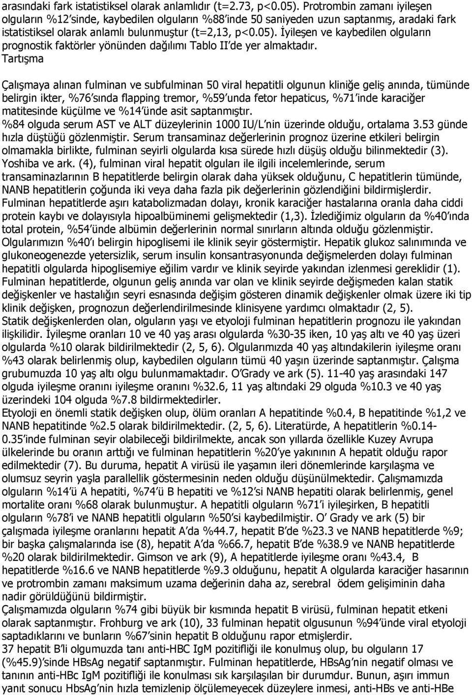 İyileşen ve kaybedilen olguların prognostik faktörler yönünden dağılımı Tablo II de yer almaktadır.