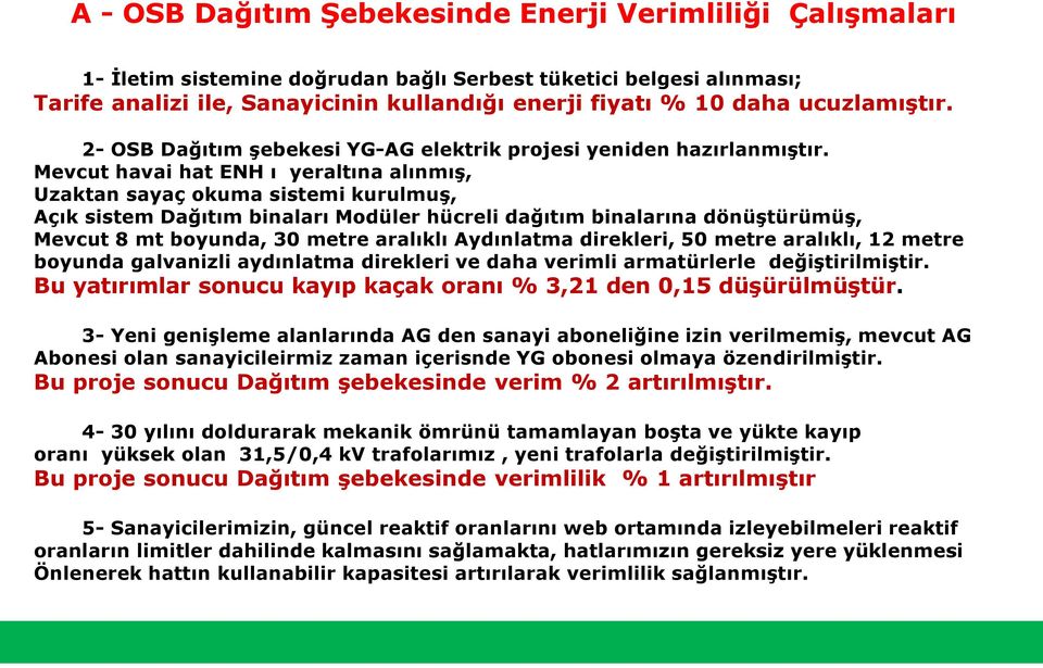 Mevcut havai hat ENH ı yeraltına alınmış, Uzaktan sayaç okuma sistemi kurulmuş, Açık sistem Dağıtım binaları Modüler hücreli dağıtım binalarına dönüştürümüş, Mevcut 8 mt boyunda, 30 metre aralıklı