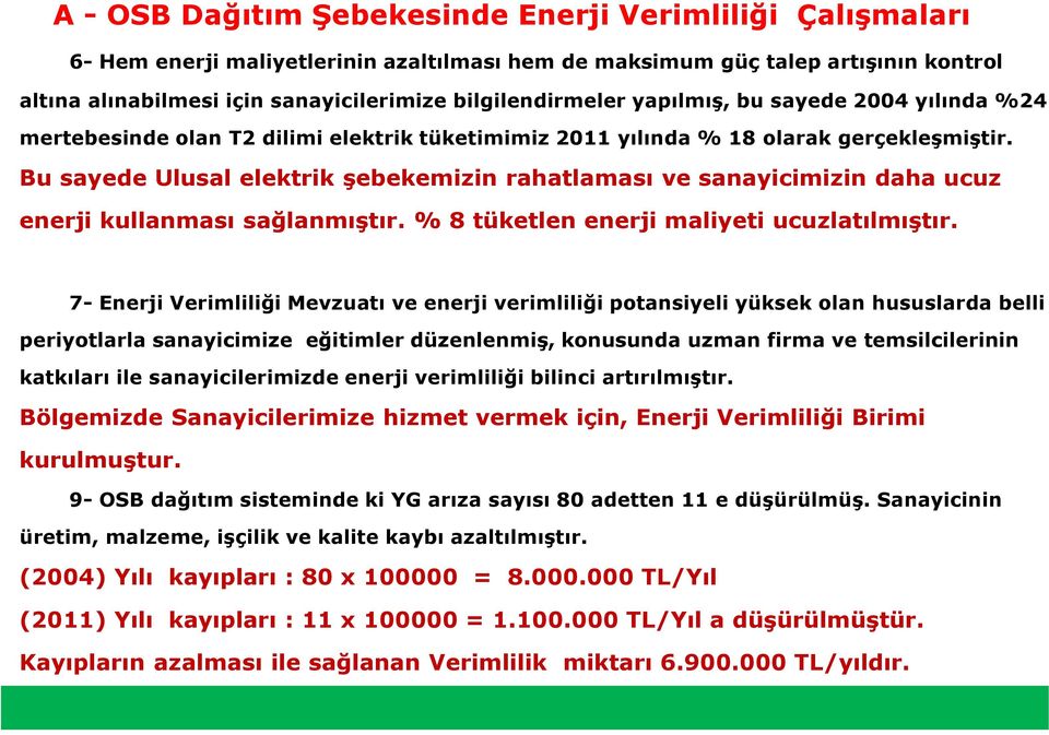 Bu sayede Ulusal elektrik şebekemizin rahatlaması ve sanayicimizin daha ucuz enerji kullanması sağlanmıştır. % 8 tüketlen enerji maliyeti ucuzlatılmıştır.