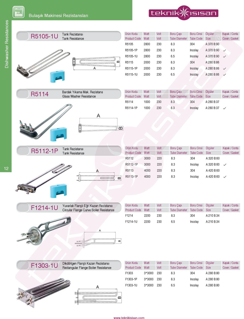 Rezistans Glass Washer Resistance Kapak / Conta Cover / Gasket R5114 1000 230 8.3 304 :280 :37 R5114-1P 1000 230 8.