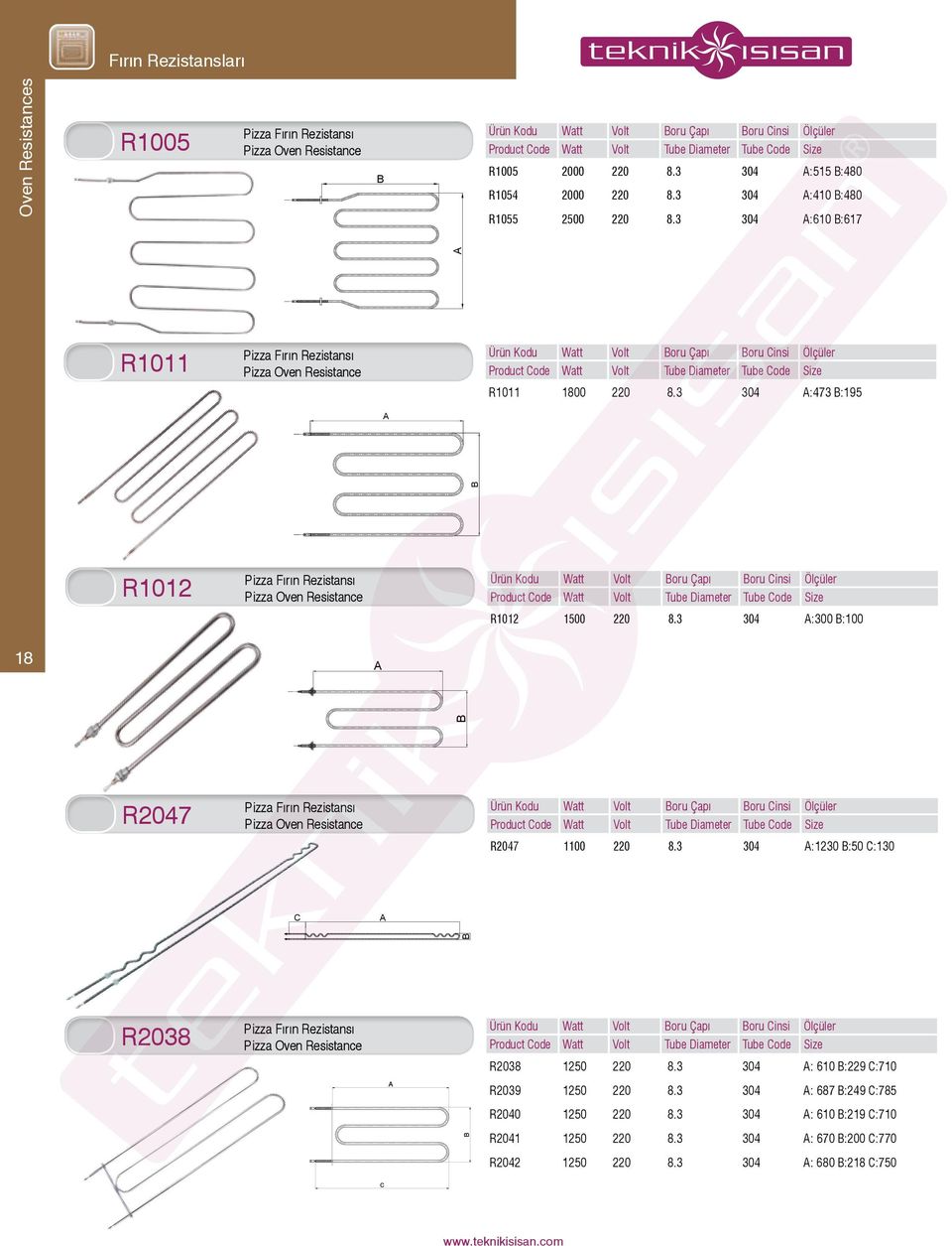 3 304 :300 :100 18 R2047 Pizza Fırın Rezistansı Pizza Oven Resistance R2047 1100 220 8.