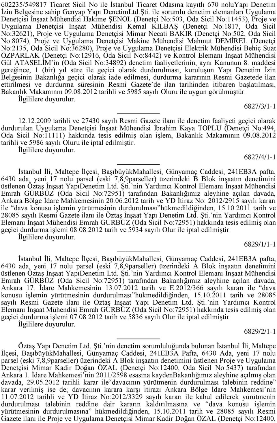 Sicil No:32621), Proje ve Uygulama Denetçisi Mimar Necati BAKIR (Denetçi No:502, Oda Sicil No:8074), Proje ve Uygulama Denetçisi Makine Mühendisi Mahmut DEMİREL (Denetçi No:2135, Oda Sicil No:36280),