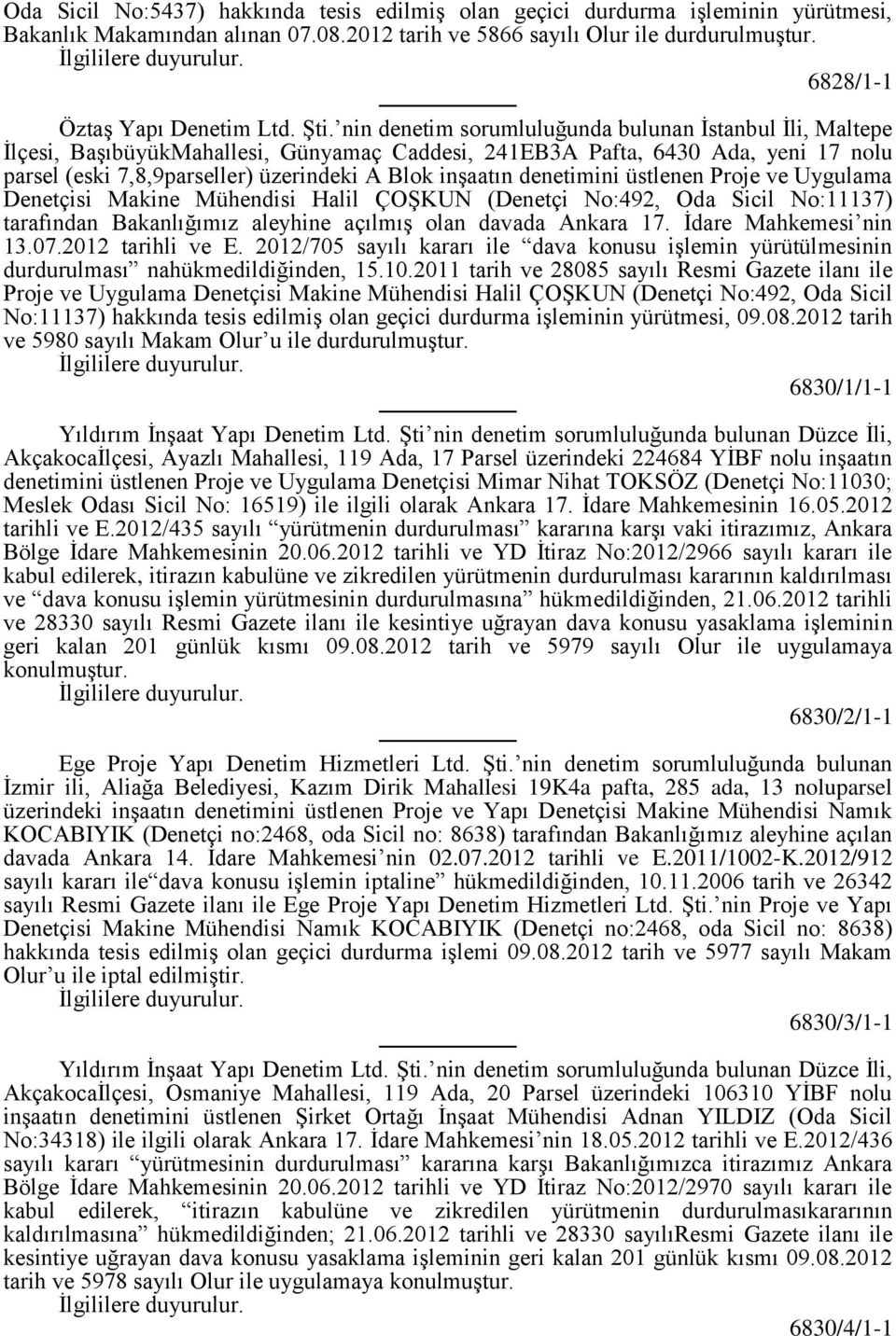 inşaatın denetimini üstlenen Proje ve Uygulama Denetçisi Makine Mühendisi Halil ÇOŞKUN (Denetçi No:492, Oda Sicil No:11137) tarafından Bakanlığımız aleyhine açılmış olan davada Ankara 17.