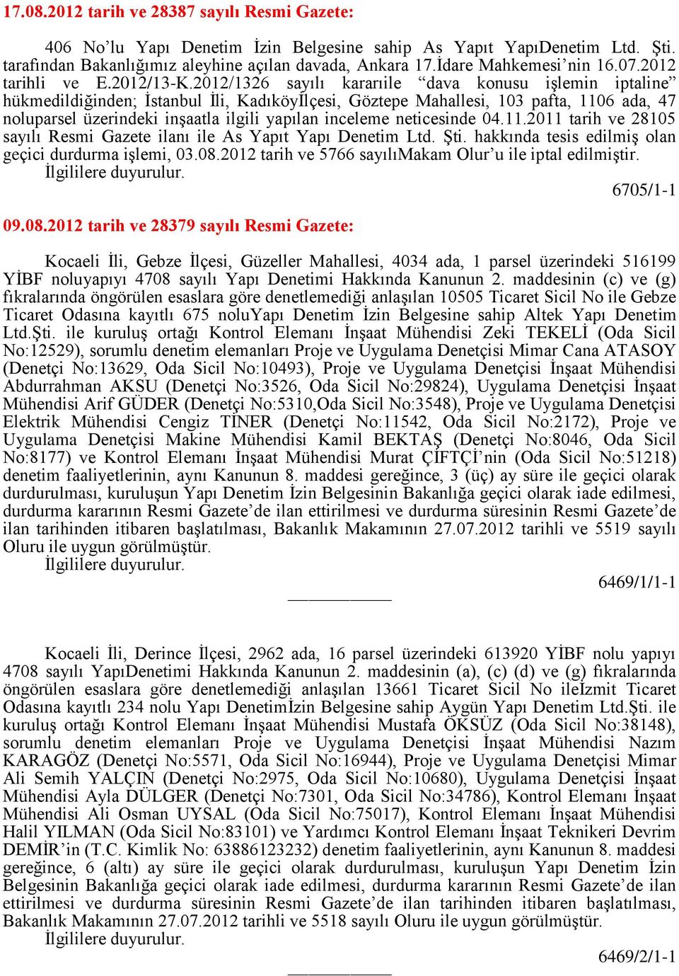 2012/1326 sayılı kararıile dava konusu işlemin iptaline hükmedildiğinden; İstanbul İli, Kadıköyİlçesi, Göztepe Mahallesi, 103 pafta, 1106 ada, 47 noluparsel üzerindeki inşaatla ilgili yapılan