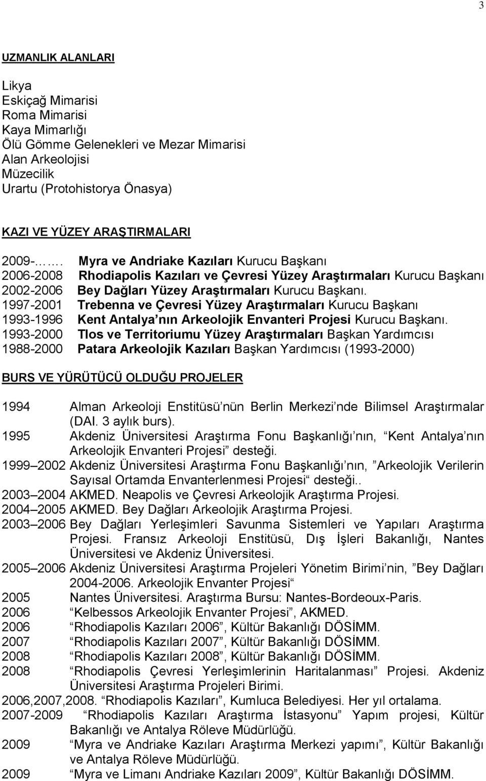 1997-2001 Trebenna ve Çevresi Yüzey AraĢtırmaları Kurucu Başkanı 1993-1996 Kent Antalya nın Arkeolojik Envanteri Projesi Kurucu Başkanı.