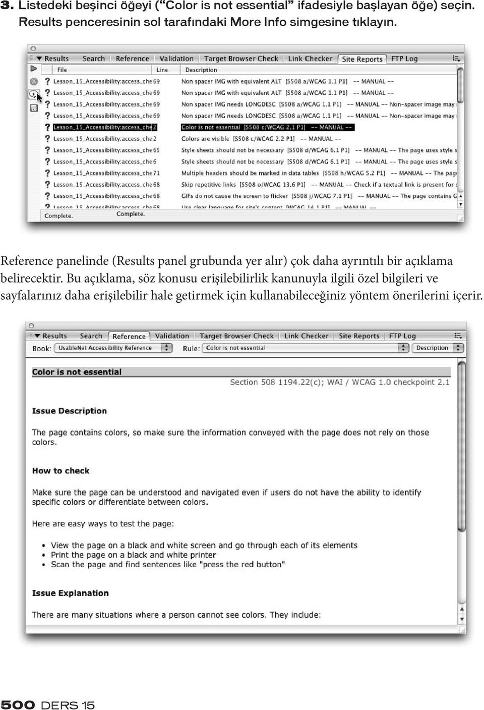 Reference panelinde (Results panel grubunda yer alır) çok daha ayrıntılı bir açıklama belirecektir.