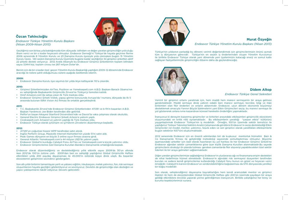 Endeavor Derneği ni Türkiye de hayata geçirme fikrine 2006 senesinde 8 Yönetim Kurulu ve 23 Danışma Kurulu üyesiyle yola çıkmışken bugün 15 Yönetim Kurulu Üyesi, 140 seçkin Danışma Kurulu Üyemizle