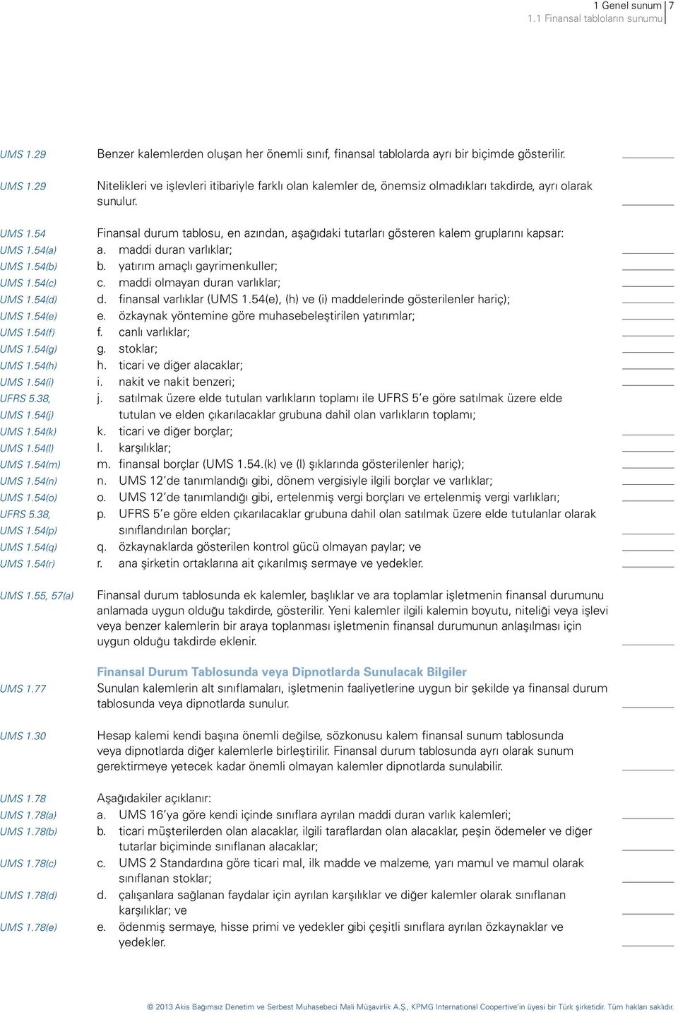 54 Finansal durum tablosu, en azından, aşağıdaki tutarları gösteren kalem gruplarını kapsar: UMS 1.54(a) a. maddi duran varlıklar; UMS 1.54(b) b. yatırım amaçlı gayrimenkuller; UMS 1.54(c) c.