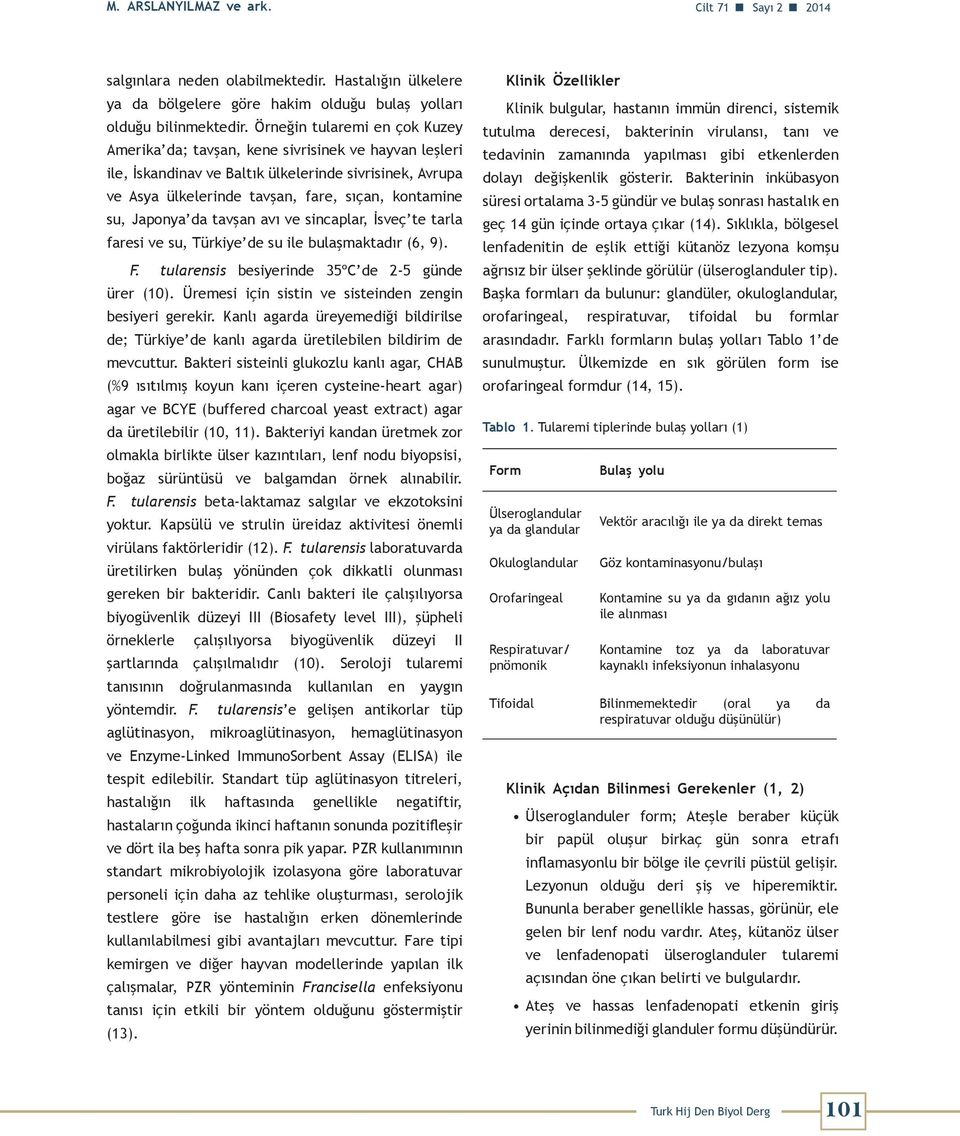 Japonya da tavşan avı ve sincaplar, İsveç te tarla faresi ve su, Türkiye de su ile bulaşmaktadır (6, 9). F. tularensis besiyerinde 35ºC de 2-5 günde ürer (10).