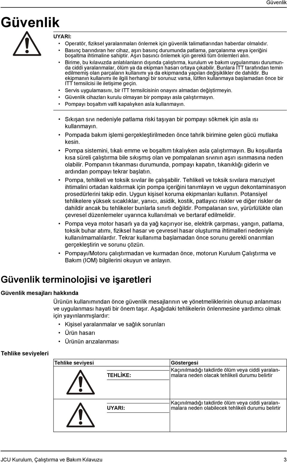 Birime, bu kılavuzda anlatılanların dışında çalıştırma, kurulum ve bakım uygulanması durumunda ciddi yaralanmalar, ölüm ya da ekipman hasarı ortaya çıkabilir.