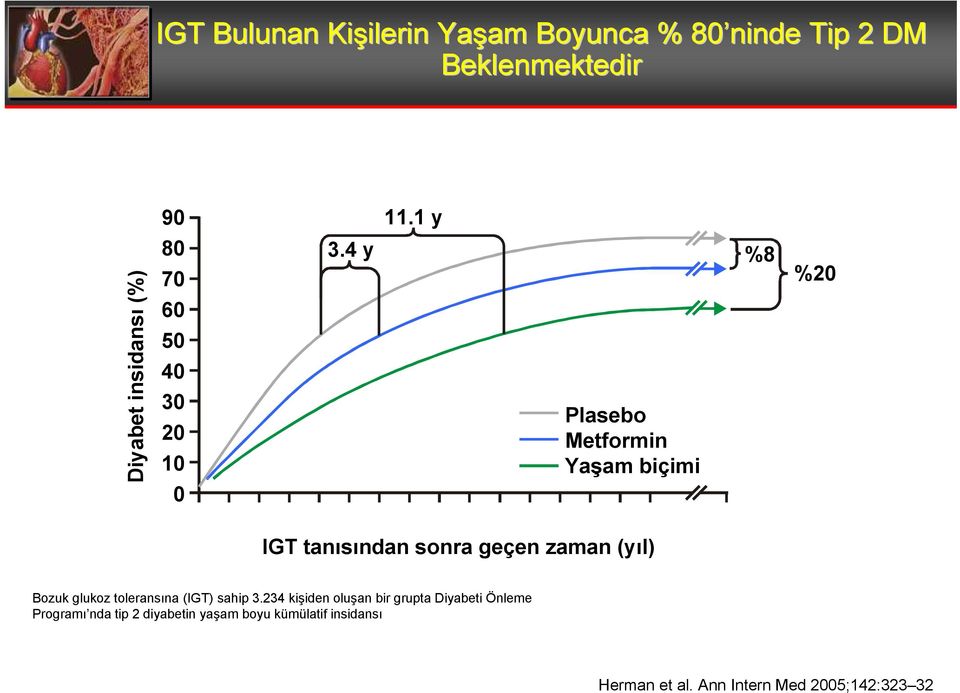 1 y Plasebo Metformin Yaşam biçimi 0 2 4 6 8 10 12 14 16 18 20 22 24 26 28 30 Yaşam süresi IGT tanısından sonra