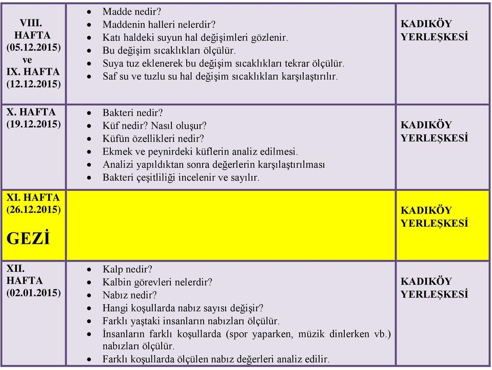 Küfün özellikleri nedir? Ekmek ve peynirdeki küflerin analiz edilmesi. Analizi yapıldıktan sonra değerlerin karşılaştırılması Bakteri çeşitliliği incelenir ve sayılır. XI. HAFTA (26.12.2015) GEZİ XII.