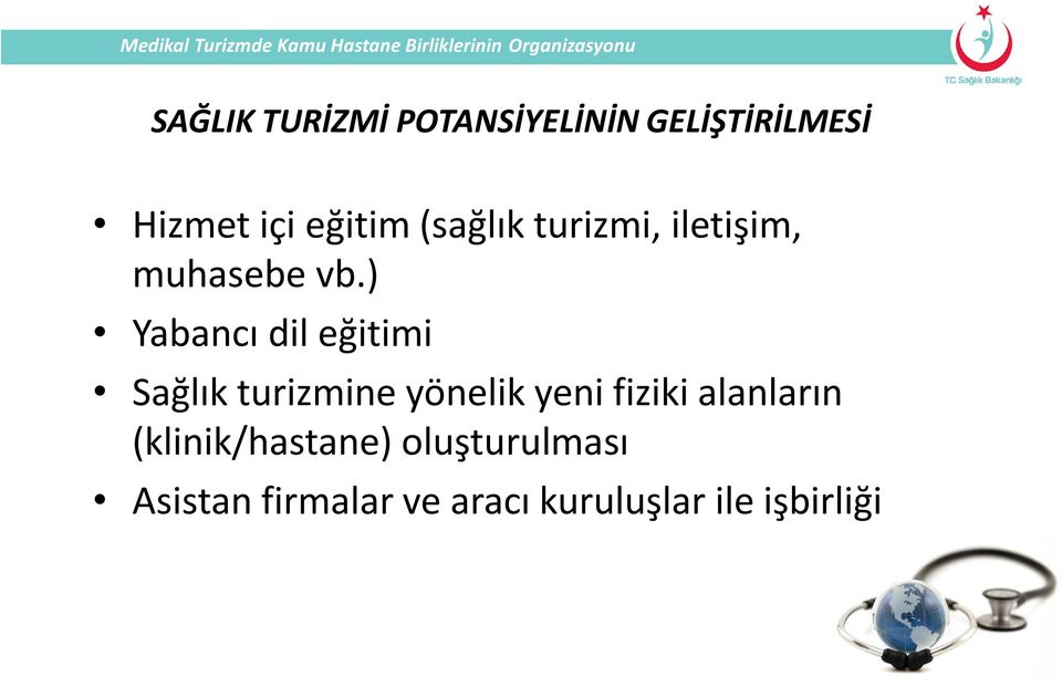 ) Yabancı dil eğitimi Sağlık turizmine yönelik yeni fiziki