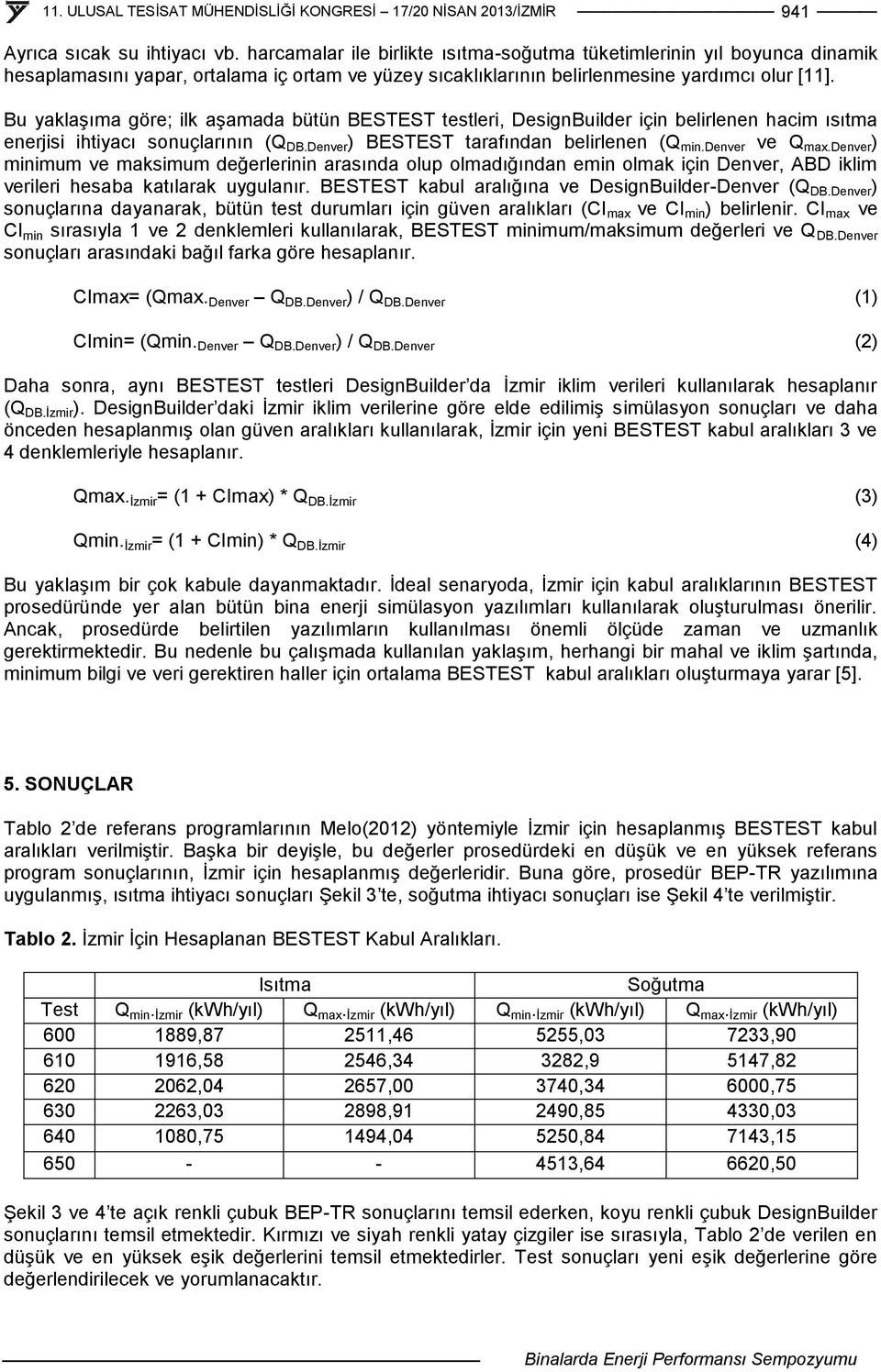 Bu yaklaşıma göre; ilk aşamada bütün BESTEST testleri, DesignBuilder için belirlenen hacim ısıtma enerjisi ihtiyacı sonuçlarının (Q DB.Denver ) BESTEST tarafından belirlenen (Q min.denver ve Q max.