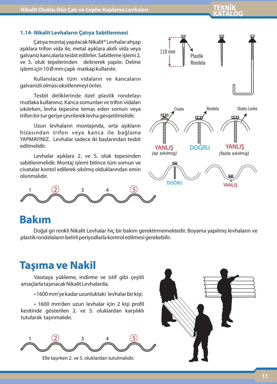 Sabitleme işlemi 2. ve 5. oluk tepelerinden delinerek yapılır. Delme işlemi için 10 Ø çaplı matkap kullanılır. Kullanılacak tüm vidaların ve kancaların galvanizli olması oksitlenmeyi önler.