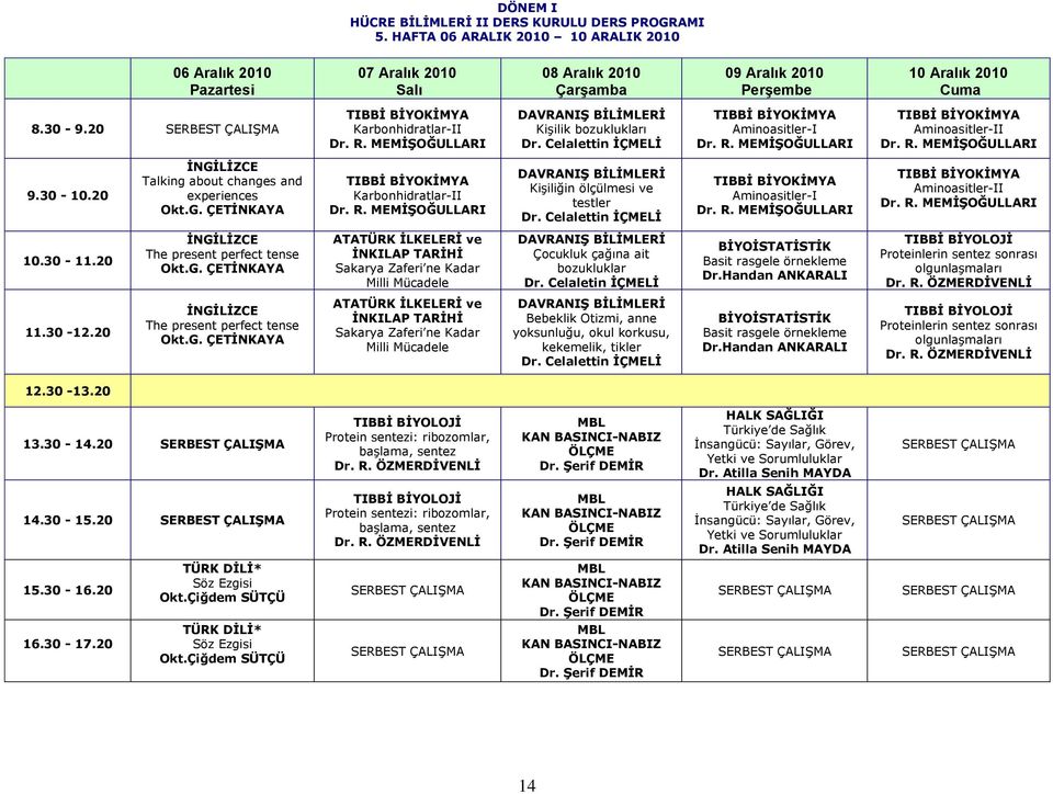 20 İNGİLİZCE Talking about changes and experiences Okt.G. ÇETİNKAYA Karbonhidratlar-II Dr. R. MEMİŞOĞULLARI DAVRANIŞ BİLİMLERİ Kişiliğin ölçülmesi ve testler Dr. Celalettin İÇMELİ Aminoasitler-I Dr.