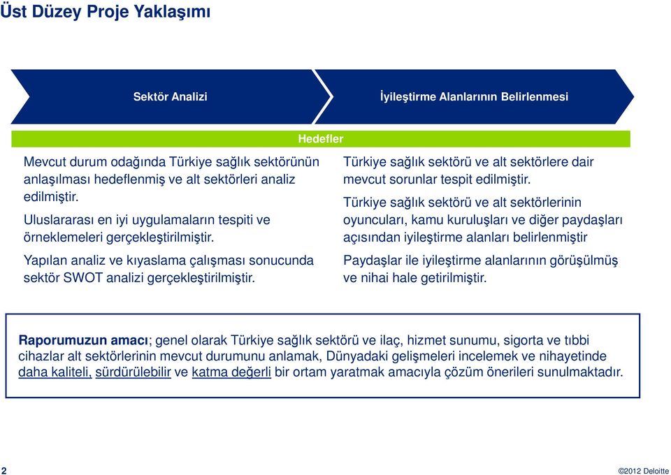 Türkiye sağlık sektörü ve alt sektörlere dair mevcut sorunlar tespit edilmiştir.