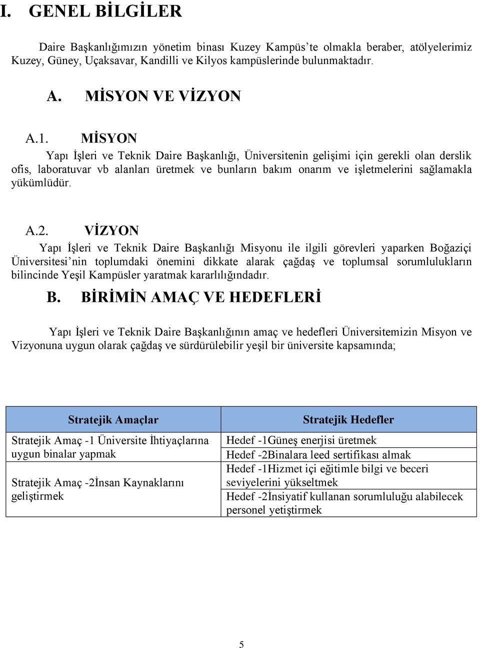 A.2. VİZYON Yapı İşleri ve Teknik Daire Başkanlığı Misyonu ile ilgili görevleri yaparken Boğaziçi Üniversitesi nin toplumdaki önemini dikkate alarak çağdaş ve toplumsal sorumlulukların bilincinde