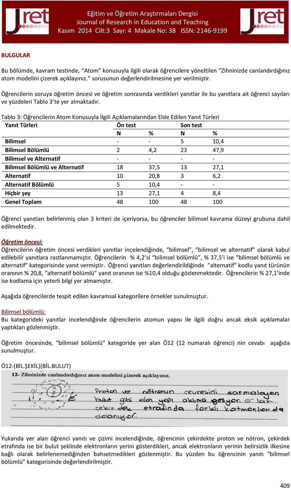 Tablo 3: Öğrencilerin Atom Konusuyla İlgili Açıklamalarından Elde Edilen Yanıt Türleri Yanıt Türleri Ön test Son test N % N % Bilimsel - - 5 10,4 Bilimsel Bölümlü 2 4,2 23 47,9 Bilimsel ve Alternatif