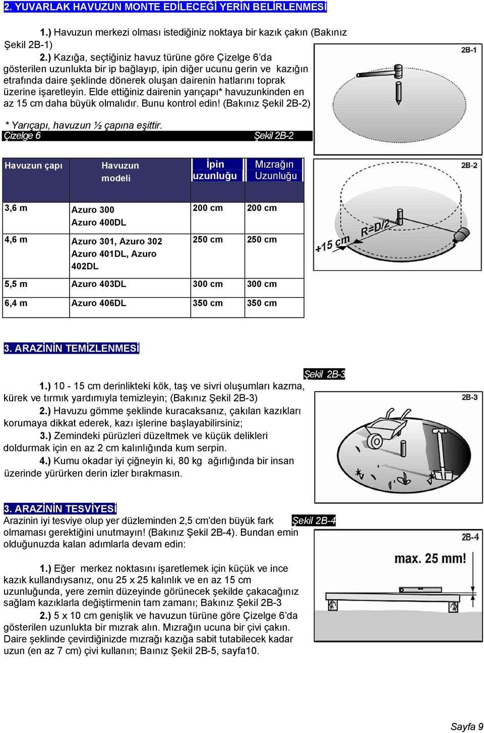 işaretleyin. Elde ettiğiniz dairenin yarıçapı* havuzunkinden en az 15 cm daha büyük olmalıdır. Bunu kontrol edin! (Bakınız Şekil 2В-2) * Yarıçapı, havuzun ½ çapına eşittir.