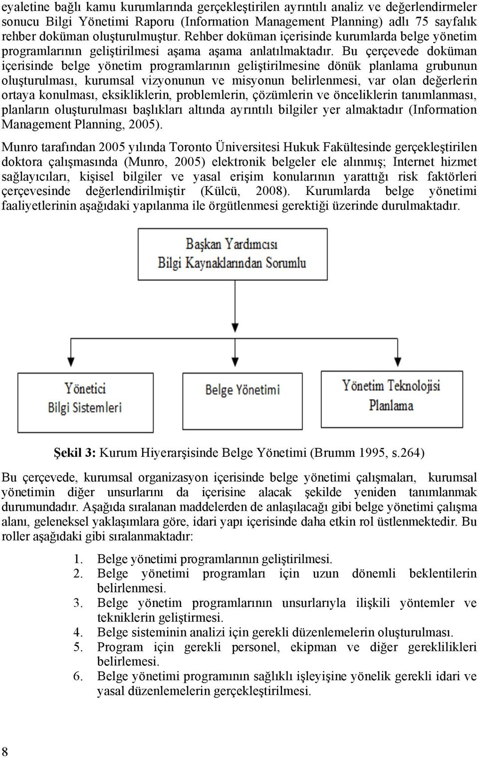 Bu çerçevede doküman içerisinde belge yönetim programlarının geliştirilmesine dönük planlama grubunun oluşturulması, kurumsal vizyonunun ve misyonun belirlenmesi, var olan değerlerin ortaya