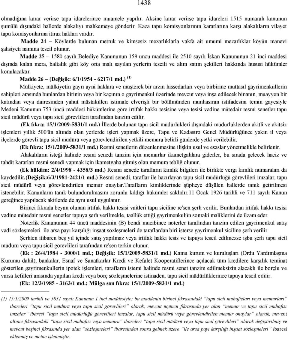 Madde 24 Köylerde bulunan metruk ve kimsesiz mezarlıklarla vakfa ait umumi mezarlıklar köyün manevi şahsiyeti namına tescil olunur.