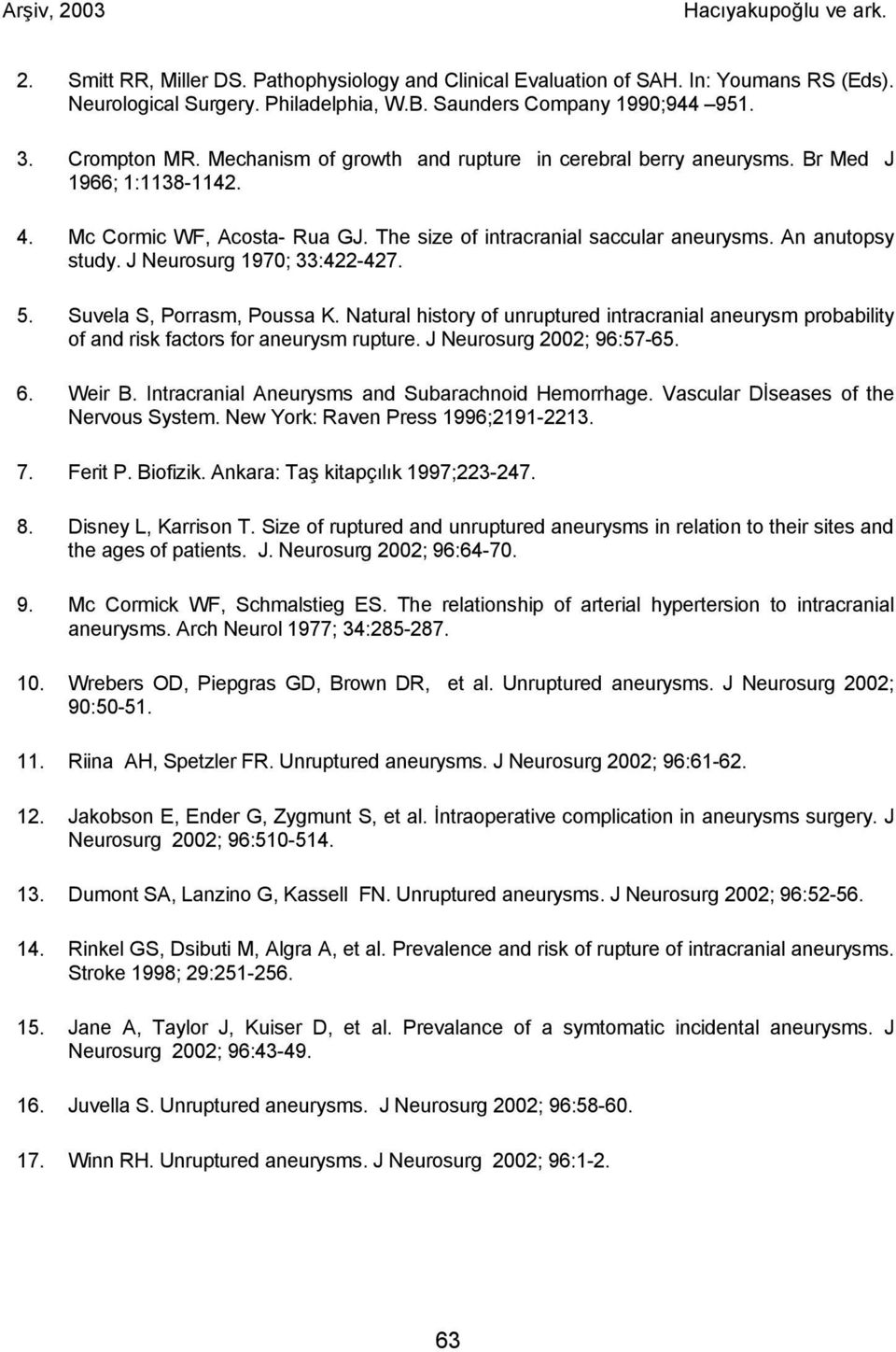 J Neurosurg 1970; 33:422-427. 5. Suvela S, Porrasm, Poussa K. Natural history of unruptured intracranial aneurysm probability of and risk factors for aneurysm rupture. J Neurosurg 2002; 96:57-65. 6.