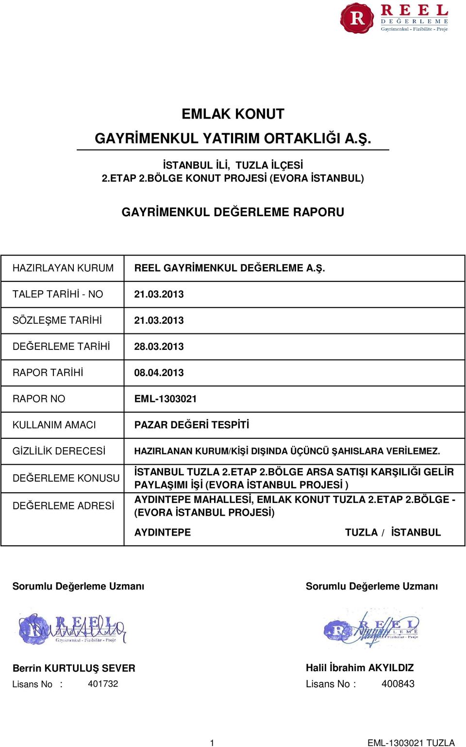 Ş. 21.03.2013 21.03.2013 28.03.2013 08.04.2013 EML-1303021 PAZAR DEĞERİ TESPİTİ GİZLİLİK DERECESİ DEĞERLEME KONUSU DEĞERLEME ADRESİ HAZIRLANAN KURUM/KİŞİ DIŞINDA ÜÇÜNCÜ ŞAHISLARA VERİLEMEZ.